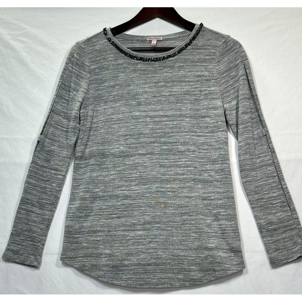 Juicy Couture Gray Heathered Knit Top w/ Jewel Neckline Slit Sleeve Size Small